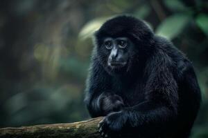 A black monkey sitting on a branch in the jungle photo