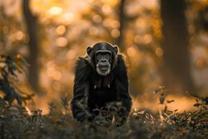 A chimpanzee is sitting in the woods at sunset photo