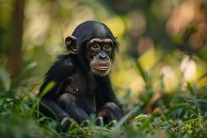 A chimpanzee sitting in the grass photo