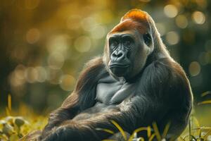 A gorilla sitting in the grass with a blurry background photo