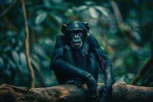 A chimpanzee sitting on a tree branch photo