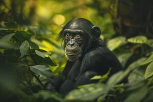 A chimpanzee sitting in the jungle photo