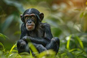 A chimpanzee sitting in the grass photo