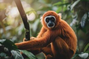 A red - headed gibbon monkey in the jungle photo