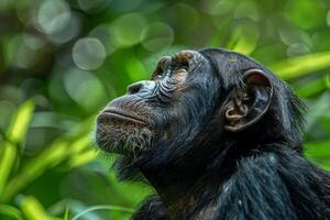 A chimpanzee looking up at the sky in the forest photo