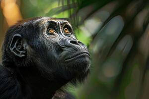 A close up of a gorilla looking up at something photo