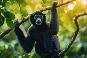 A black monkey is sitting on a tree branch photo