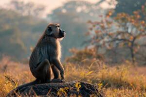A baboon sitting on a rock in the wild photo