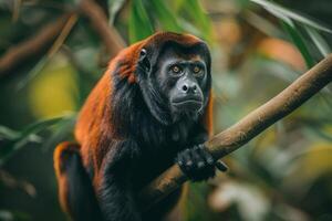 A red - headed black and white monkey sitting on a branch photo