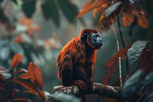 A red monkey sitting on a branch in the jungle photo
