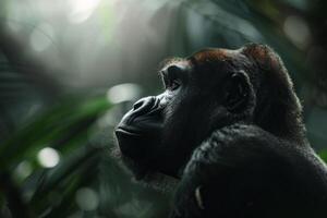A gorilla is looking into the distance in the jungle photo