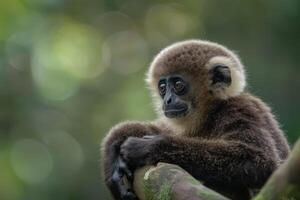 A baby gibbon sits on a branch in the forest photo