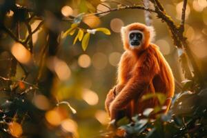 A red - headed gibbon monkey in the jungle photo