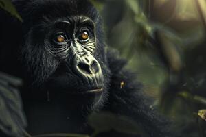 A close up of a mountain gorilla with bright orange eyes photo