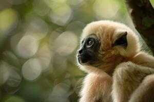 A baby gibbon is sitting in a tree photo