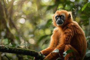 A red - headed gibbon monkey in the jungle photo