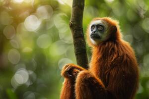 A red - headed gibbon monkey in the jungle photo