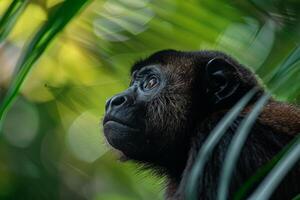 A monkey looks up into the trees while standing in the jungle photo