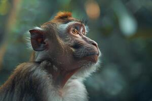 A monkey looks up at the sky in the forest photo