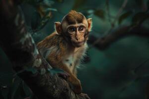 A monkey is sitting on a tree branch photo