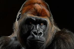 A gorilla with a red head and brown eyes photo