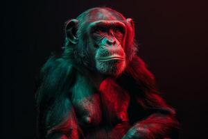 A chimpan is sitting in front of a black background photo