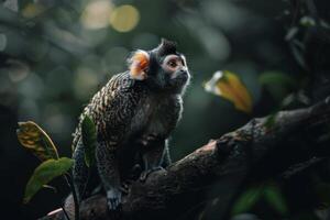 A monkey is sitting on a branch in the forest photo