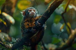 A monkey is sitting on a branch in the forest photo