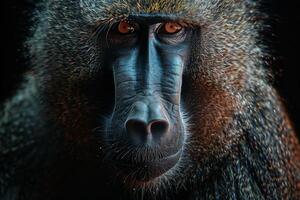 A close up of a baboon's face photo