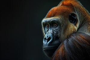A close up of a gorilla with dark background photo
