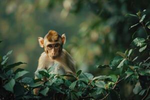 A monkey is sitting in the middle of a green forest photo