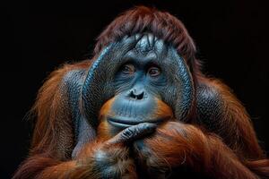 An orangutan is sitting on a black background photo