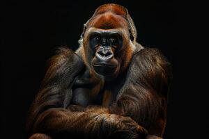 A gorilla sitting down with his arms crossed photo