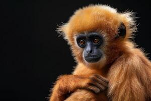 A close up of a red - headed gibbon photo