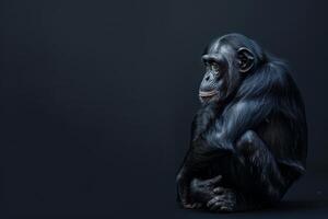 A chimpan is sitting on a dark background photo