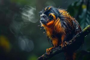 A monkey with wet hair sitting on a tree branch photo