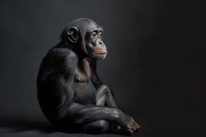 A chimpanzee sitting in front of a black background photo
