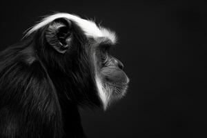 A black and white photo of a chimpanzee