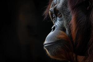 An oranguel monkey is looking to the side photo