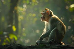 A monkey sitting on a rock in the forest photo