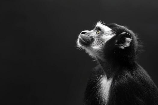 Black and white photo of a monkey looking up