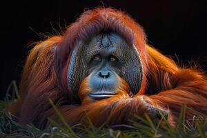 An oranguel is sitting in the grass photo