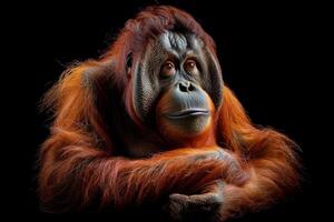 An orangutan is sitting down with its arms crossed photo