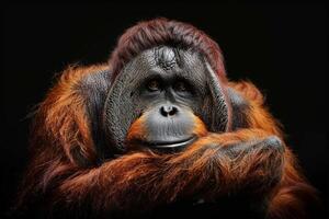 An orangutan is sitting on a black background photo