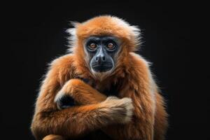 A red - headed gibbon monkey sitting on a black background photo