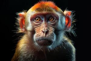 A monkey with orange hair and a red mohawk photo
