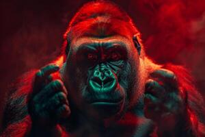 A gorilla with red eyes and smoke coming out of his mouth photo