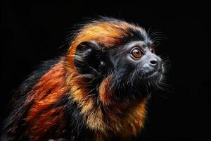 A red and orange monkey with black background photo