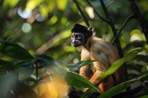 A monkey sits in the middle of a tree photo
