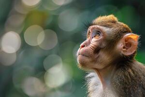 A monkey looks up at the sky with a blurry background photo